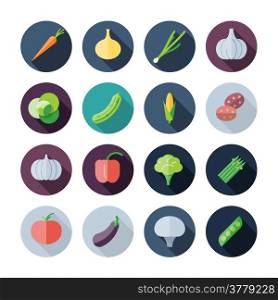 Flat Design Icons For Vegetables. Vector illustration eps10, transparent shadows.