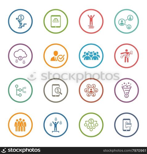 Flat Design Icons Set. Icons for business, management, finance, strategy, planning, analytics, banking, communication, social network, affiliate marketing.