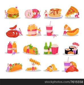 Flat design icons set with overweight people and various fast food isolated on white background vector illustration