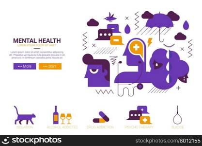 Flat design illustration of mental health and depression concept with icons