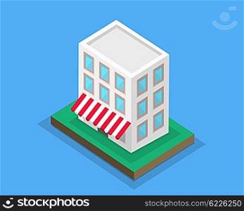 Flat design isometric concept of supermarket general store, shopping mall and fashion store icon. Marketing, supermarket shelf, supermarket aisle. 3d supermarket building with canopy on green lawn