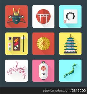 flat design japanese icons set. vector color flat style japan national theme icons with shadow set