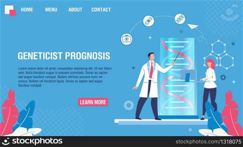 Flat Design Landing Page Layout Offering Geneticist Prognosis Service. Person Predisposition Genetic Disorder Determination. Sickness Research and Test. Vector Cartoon Medical Researchers Illustration. Landing Page Offering Geneticist Prognosis Service
