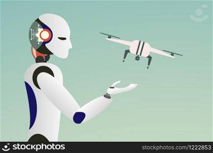 Flat design Man robot launches drone. vector illustration