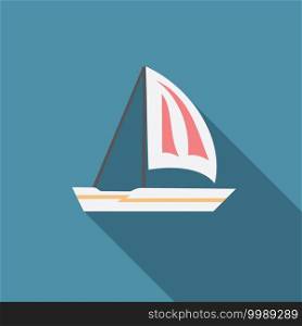 Flat design modern vector illustration of sailing boat icon with long shadow.. Flat design modern vector illustration of sailing boat icon with long shadow