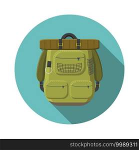 Flat design modern vector illustration of tourist backpack icon, c&ing and hiking equipment with long shadow.. Flat design modern vector illustration of tourist backpack icon, c&ing and hiking equipment with long shadow