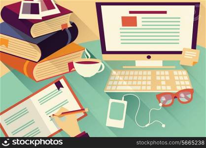 Flat design objects, work desk, office desk, books, computer and stationery