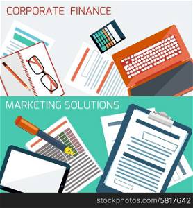 Flat design of finance analysis, analytics, planning and marketing plan, strategy, research