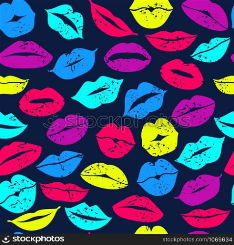 Flat design of lips. Seamless pattern of icon neon lips. Vector color design.. Flat design of lips. Seamless pattern of icon neon lips.