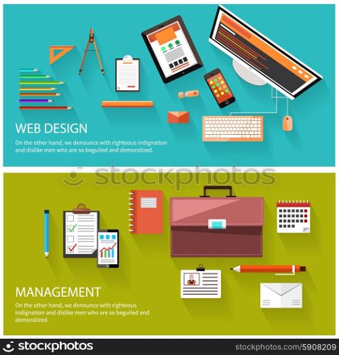Flat design of project management and creative process. Web design and management concept. Computer monitor with the screen of the program for design and architecture