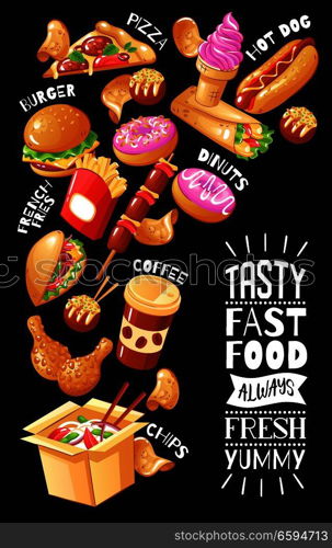 Flat design poster with menu for fast food cafe with burgers pizza drinks chicken desserts on black background vector illustration. Fast Food Cafe Poster