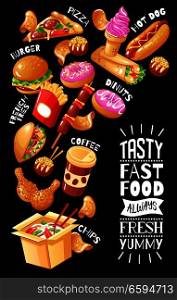 Flat design poster with menu for fast food cafe with burgers pizza drinks chicken desserts on black background vector illustration. Fast Food Cafe Poster