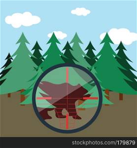 Flat design scene of hunting in fir forest. Vector illustration.