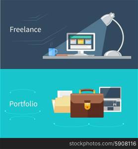 Flat design set of concepts for freelance working, working at home and portfolio with freelancer workplace, briefcase, laptop