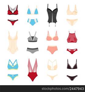 Flat design set of different types of style beautiful colorful woman underclothes isolated on white background vector illustration. Woman Underclothes Set