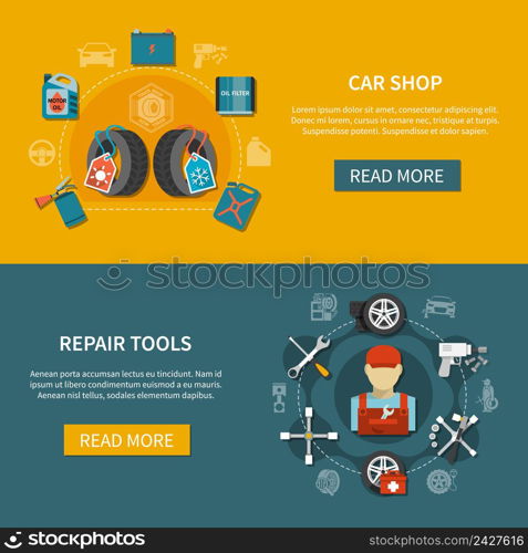 Flat design set of horizontal banners with car shop items and various tools for tire service isolated vector illustration. Tire Service Banners