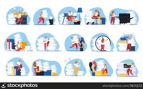 Flat design set of icons with tired from paper work people isolated on white background vector illustration