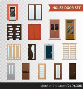 Flat design set of various material and type double and single front closed doors set isolated on transparent background vector illustration. House Doors Transparent Set