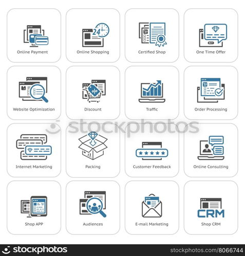 Flat Design Shopping and Marketing Icons Set. Online payment and shopping symbol, discount and one time offer symbol, traffic icon and internet marketing, crm icon and e-mail marketing symbol.