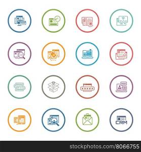Flat Design Shopping and Marketing Icons Set. Online payment and shopping symbol, discount and one time offer symbol, traffic icon and internet marketing, crm icon and e-mail marketing symbol.