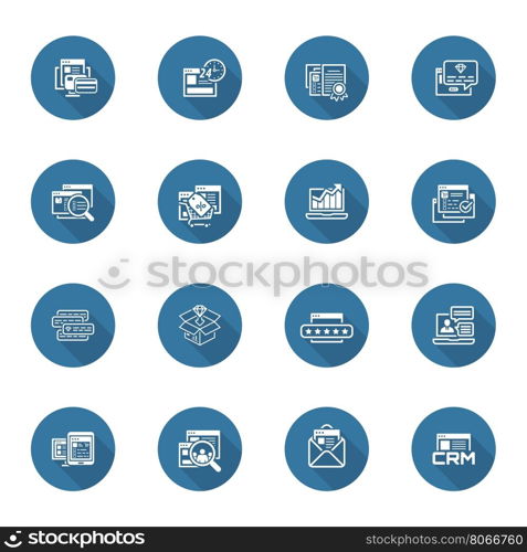 Flat Design Shopping and Marketing Icons Set. Online payment and shopping symbol, discount and one time offer symbol, traffic icon and internet marketing, crm icon and e-mail marketing symbol.