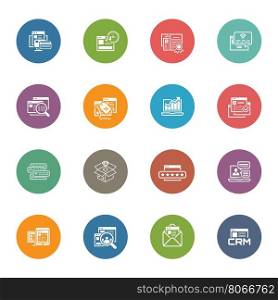 Flat Design Shopping and Marketing Icons Set. Online payment and shopping symbol, discount and one time offer symbol, traffic icon and internet marketing, crm icon and e-mail marketing symbol.