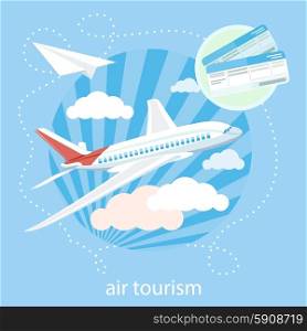 Flat design style modern concept with item icons of detailed airplane flying through clouds in the blue sky. Detailed airplane flying through clouds in the blue sky