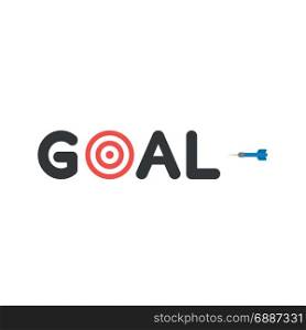 Flat design style vector illustration concept of black goal text with red and white bulls eye and blue dart symbol icon on white background.