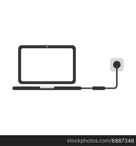 Flat design style vector illustration concept of black laptop computer symbol icon charging with charger, pulg and outlet on white background.
