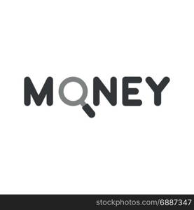 Flat design style vector illustration concept of black money text with grey and black magnifying glass or magnifier symbol icon on white background.