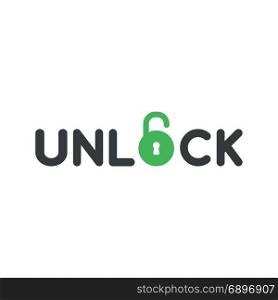 Flat design style vector illustration concept of black unlock text with green open padlock symbol icon on white background.