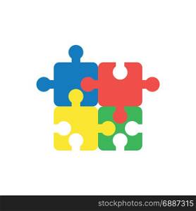 Flat design style vector illustration concept of blue, red, yellow and green jigsaw puzzle pieces symbol icons connected on white background.