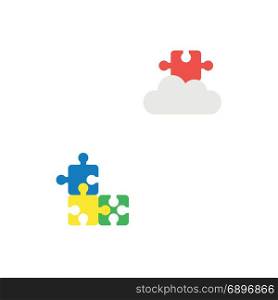 Flat design style vector illustration concept of blue, yellow, green puzzle pieces connected and missing red puzzle piece on grey cloud symbol icon on white background.