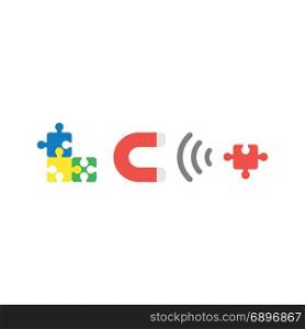 Flat design style vector illustration concept of blue, yellow, green puzzle pieces connected and grey and red magnet attracting missing red puzzle piece symbol icon on white background.