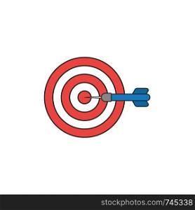 Flat design style vector illustration concept of bullseye with dart icon in the center on white background. Colored, black outlines.