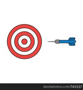 Flat design style vector illustration concept of bullseye with dart icon on white background. Colored, black outlines.