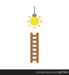Flat design style vector illustration concept of climb to glowing light bulb with wooden ladder symbol icon on white background. Colored outlines.
