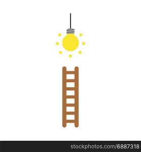 Flat design style vector illustration concept of climb to glowing yellow light bulb with brown wooden ladder symbol icon on white background.