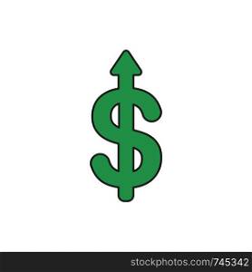 Flat design style vector illustration concept of dollar symbol icon with arrow pointing up on white background. Colored, black outlines.