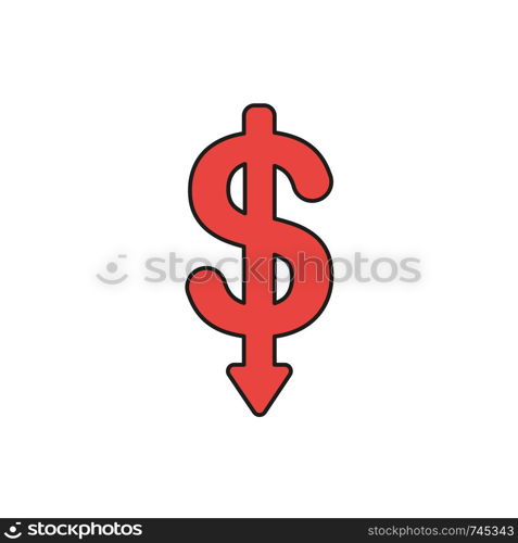 Flat design style vector illustration concept of dollar symbol icon with arrow pointing down on white background. Colored, black outlines.