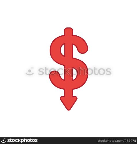 Flat design style vector illustration concept of dollar symbol icon with arrow pointing down on white background. Colored outlines.