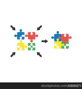 Flat design style vector illustration concept of four part blue, red, yellow and green puzzle pieces symbol icon connected on white background.