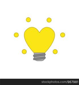 Flat design style vector illustration concept of glowing yellow heart-shaped light bulb symbol icon on white background. Colored outlines.