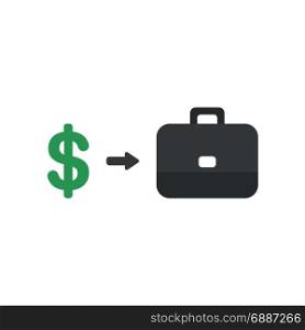 Flat design style vector illustration concept of green dollar symbol with an arrow pointing black briefcase icon on white background.