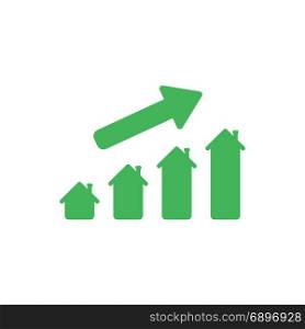 Flat design style vector illustration concept of green house sales or value bar chart symbol icon with arrow moving up on white background.