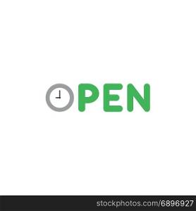 Flat design style vector illustration concept of green open text with grey and white clock time symbol icon shows 9 o&rsquo;clock on white background.