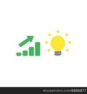 Flat design style vector illustration concept of green sales bar chart symbol icon with arrow pointing up and glowing yellow light bulb symbolizes good idea on white background.