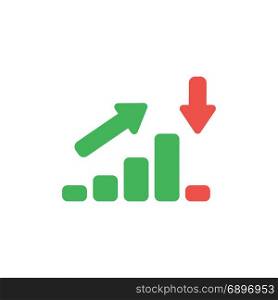 Flat design style vector illustration concept of green sales or value bar chart symbol icon moving up then moving down with arrows pointing up and down on white background.