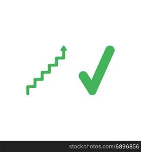 Flat design style vector illustration concept of green stairs with arrow pointing up and green check mark symbol icon on white background.