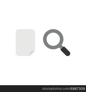 Flat design style vector illustration concept of grey blank paper with grey and black magnifying glass or magnifier icon on white background.